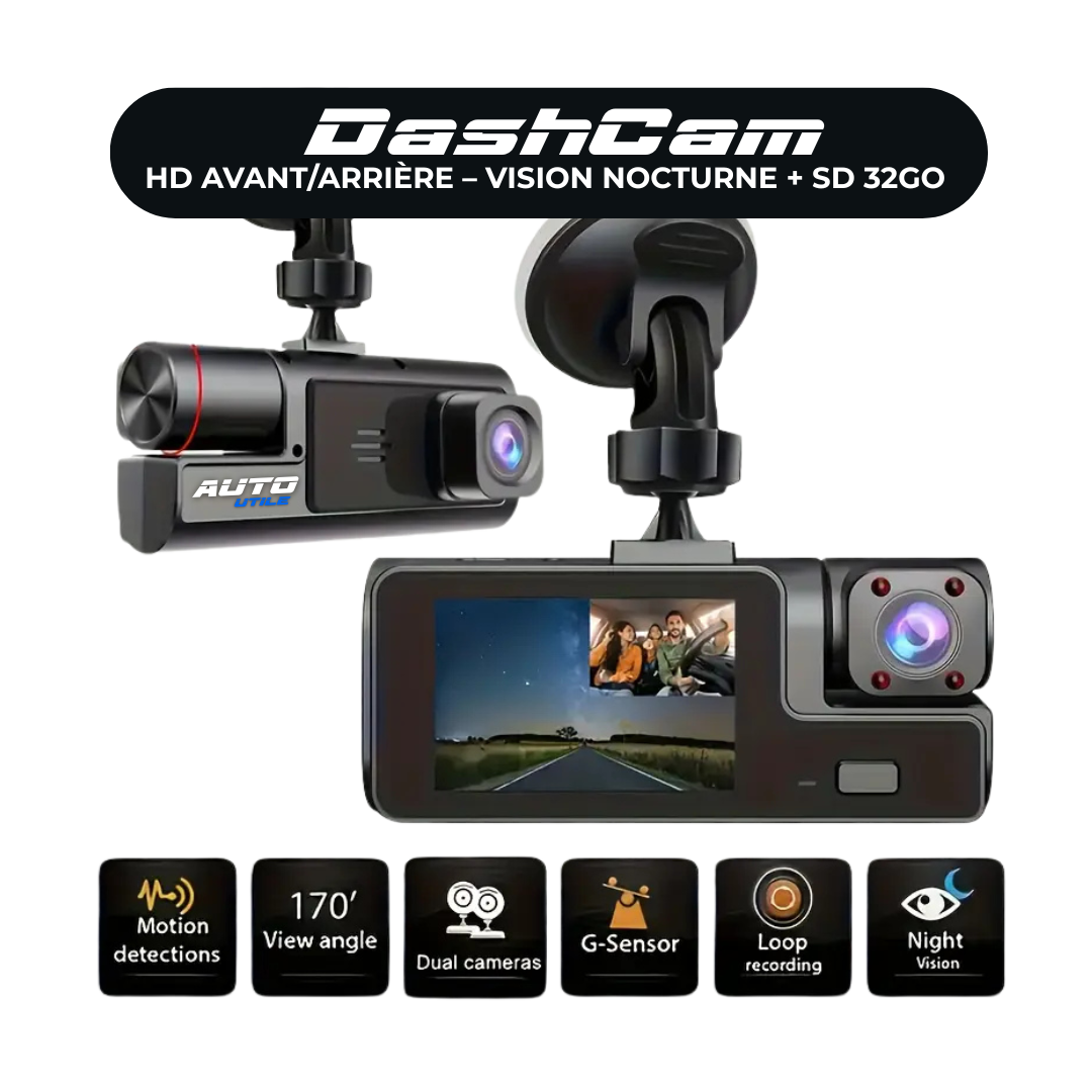 Dashcam HD Avant/Arrière – Vision Nocturne + SD 32Go