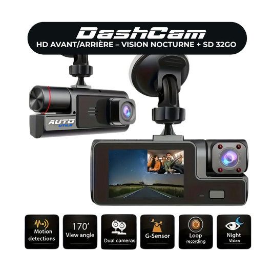 Dashcam HD Avant/Arrière – Vision Nocturne + SD 32Go